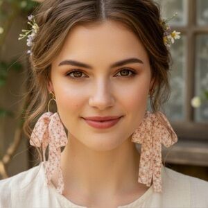 2/$30🌵 Pink Floral Cottagecore Bow Tie Ribbon Earrings Gold Vintage Style NEW